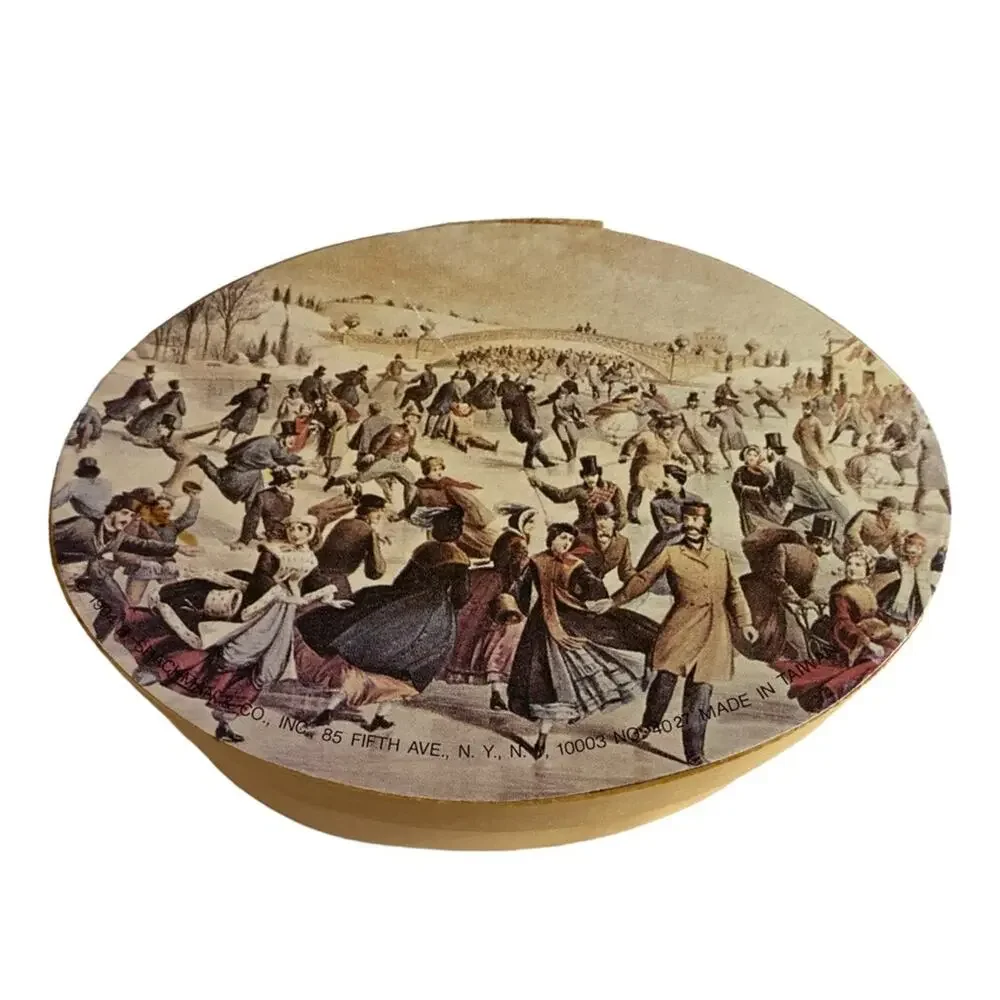 Vintage Shackman Wooden Oval Gift Box Currier & Ives Central Park Skating READ
